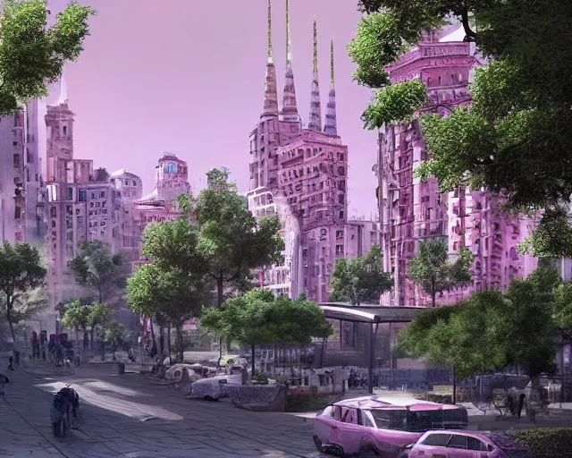 Prompt: turkey! - hungary! khaganate in 2 0 3 3 year, with futuristic! buildings, the buildings are light - grey!, with pink! trees around buildings, with green! trees around buildings, highly detailed digital art