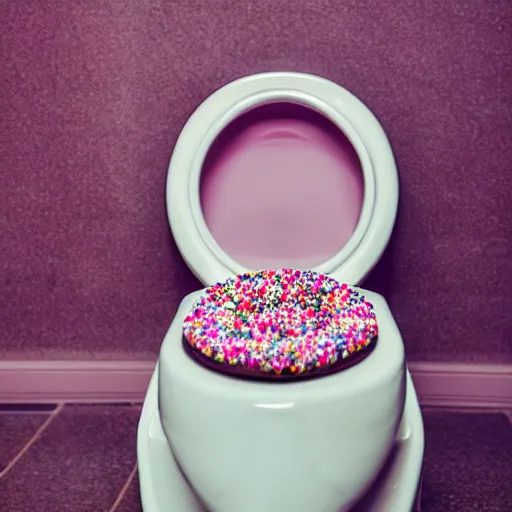 Image similar to photo of toilet filled with pink-frosted donuts and colorful sprinkles, 50mm, beautiful photo