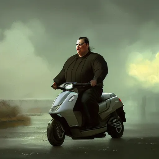 Image similar to obese Steven Seagal riding a scooter, amazing splashscreen artwork, splash art, natural light, elegant, intricate, fantasy, atmospheric lighting, cinematic, matte painting, by Greg rutkowski