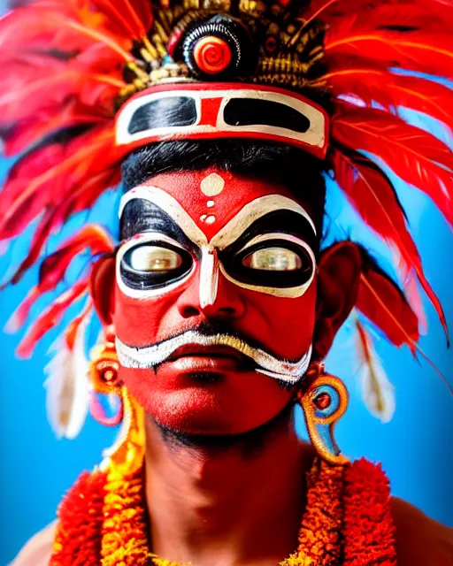 Image similar to photo of a Dramatic Theyyam male dancer with red indian headgear painted face wearing futuristic goggles and futuristic robot suit with traditional theyyam costume in the style of stefan kostic, full body, feather native american headgear, realistic, sharp focus, symmetric, 8k high definition, insanely detailed, intricate, elegant, art by stanley lau and artgerm, Hajime Sorayama, William-Adolphe Bouguereau