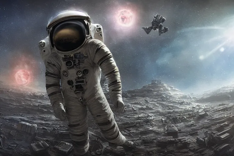 Image similar to distant low angel photograph of an astronaut exploring an abandoned alien planet with alien skeletons, alien skulls, fallen kingdom city ruins, science fiction, detailed space suit, cinematic, hypermaximalist, detailed, 4k, 8k, breathtaking stars, surrealism, distant, concept art, digital art, sharp focus, reflections, RTX, octane render, acid pixie, Trending on DeviantArt