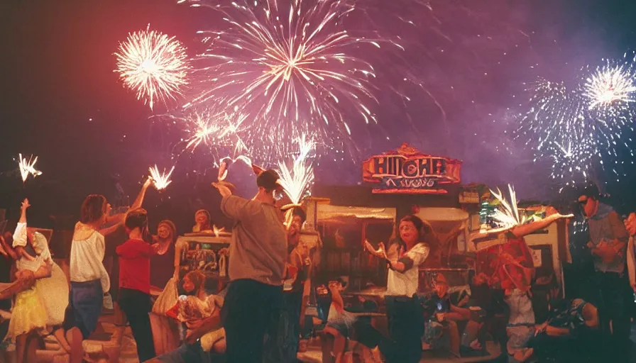 Image similar to 1 9 9 0 s candid 3 5 mm photo of a beautiful day in the living room, cinematic lighting, cinematic look, golden hour, a miniature amusement park in the living room is setting off fireworks, kids dance and point at the fire works, small mascots run around the room, uhd