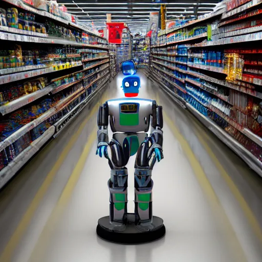 Image similar to robot forces human to clean up aisle at walmart digital art, 3 d high definition, trending on artstation, photorealistic, high resolution, 8 k, octane,, sharp focus, photography, unreal engine