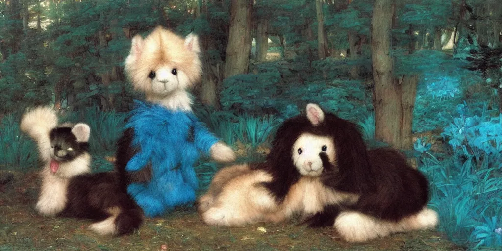 Image similar to 3 d precious moments plush animal, realistic fur, stuffed animal, teal, deep blue, storm, graves, night, master painter and art style of john william waterhouse and caspar david friedrich and philipp otto runge
