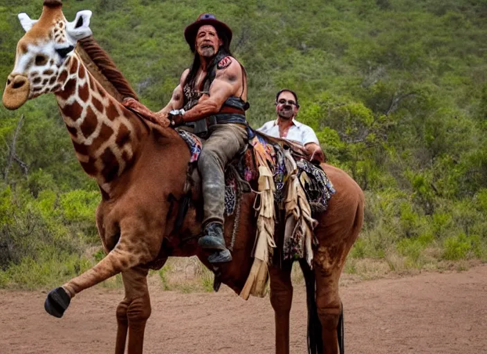 Image similar to film still of danny trejo on a saddle riding a giraffe wearing a bandana in mexico, 8 k