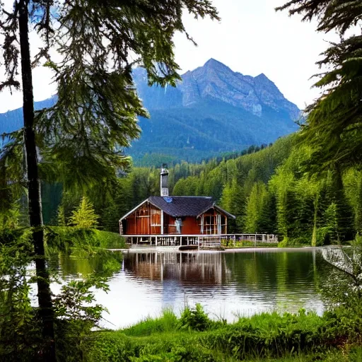 Image similar to Cottage next to a lake in a forest with Mountains in the background