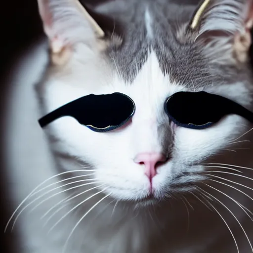 Prompt: Cat with an eye patch, cat wearing eye patch, White cat, cat photography, upclose, eye patch, one eye, 8k