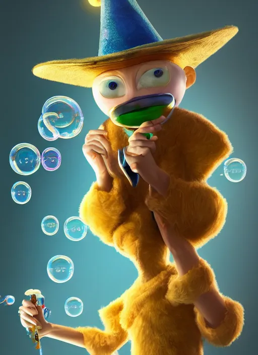 Image similar to an anthropomorphic beautiful male wizard blowing giant bubbles wearing blue robe, fine art, award winning, intricate, elegant, sharp focus, octane render, hyperrealistic, wizard hat cinematic lighting, highly detailed, digital painting, 8 k concept art, art by jamie hewlett and z. w. gu, masterpiece, trending on artstation, 8 k