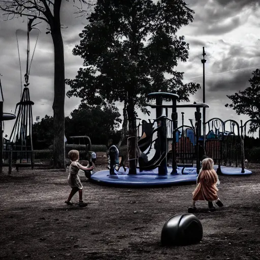 Prompt: A photograph of the end of the world with children playing in a playground, melancholic, cinematic, moody lighting