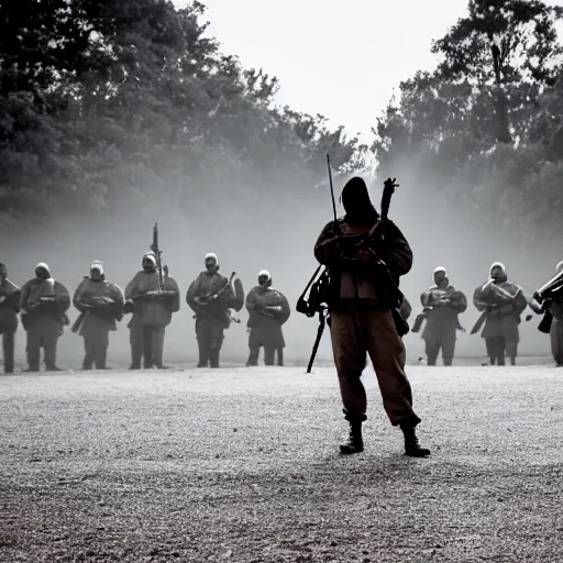 Image similar to cinematic photo of Hooded innocent man, his hands are tied behind his back, he is standing 20 feet from a line of military men with their rifles pointed at him, firing squad, award winning, golden hour