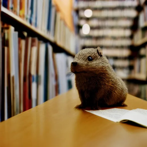 Prompt: photo of gopher with reading glasses, in a library, cinestill, 800t, 35mm, full-HD