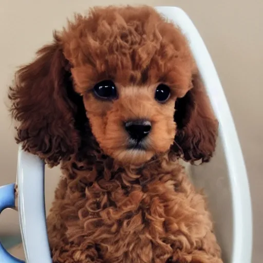 Image similar to very realistic cute light brown poodle puppy sitting inside a tea cup