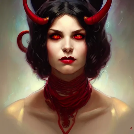 Image similar to Portrait of jovial female tiefling sorceress, D&D, red eyes, face, short black hair, fantasy, intricate, elegant, highly detailed, digital painting, artstation, concept art, smooth, sharp focus, illustration, art by artgerm and greg rutkowski and alphonse mucha