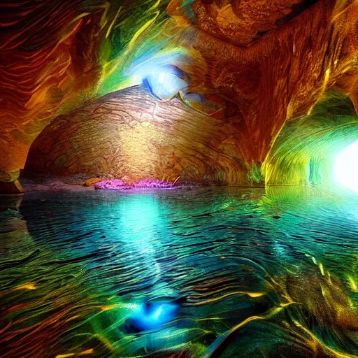 Prompt: mystical cave, underground water, spires, crystals, minerals, photorealistic, digital art, vibrant, ripples