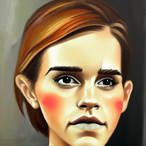 Image similar to modern stylized oil painting caricature of emma watson with ugly nose, cinematic dramatic lighting