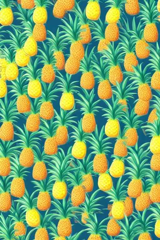 Prompt: a sea of pineapples with balloons above, smooth, trending on artstation, high quality, beautiful