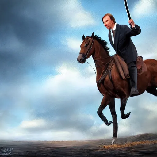 Prompt: saul goodman riding a horse while holding a sword, digital art, high rated, realistic