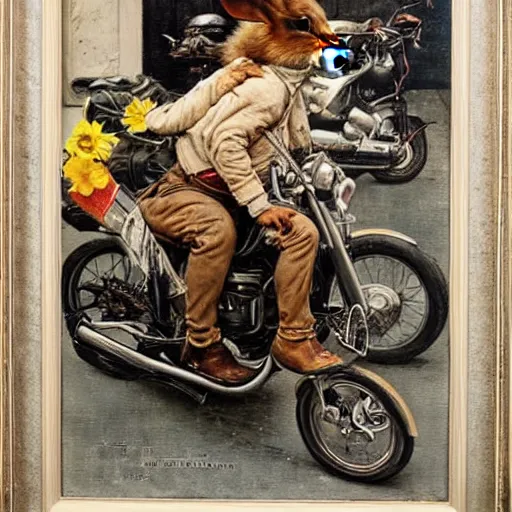 Image similar to a portrait of a bunny riding a motorcycle, oil painting, detailed, beautiful, by norman rockwell