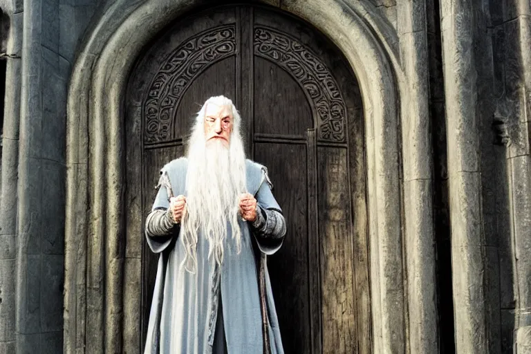 Prompt: gandalf played by charles dance, standing outside orthanc in the style of h. r. giger