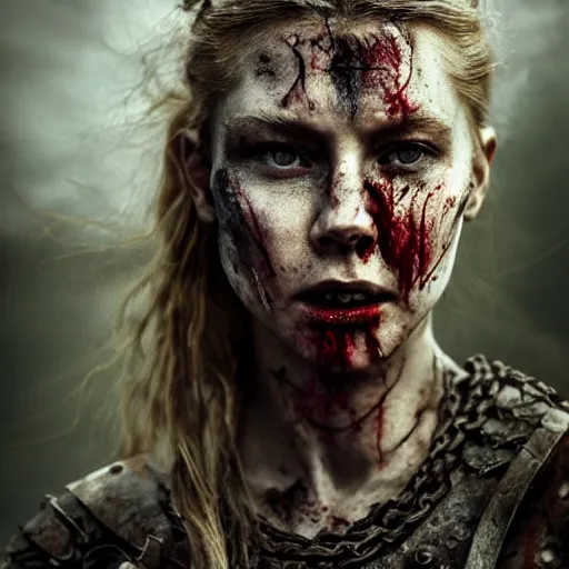 Prompt: Ultrawide realistic photo of a bloody fierce viking woman, leading a battle, battle-scarred mind-blowing details, highly detailed face, ethereal, ominous, scarred, highly detailed, viking attire, cinematic, 16k, 1080s, smooth, sharp focus, by Stanley Artgermm, WLOP, trending on DeviantArt, trending on ArtStation, full of color, digital art, Vibrant colors, Smooth gradients, High contrast, depth of field, shot on Canon Camera