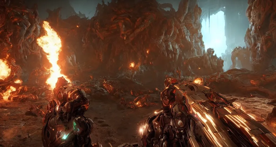 Image similar to gameplay of doom eternal, ambient lighting, concept art, intricate, hyper detailed, smooth, action, volumetric lighting, 3 d render, unreal, octane