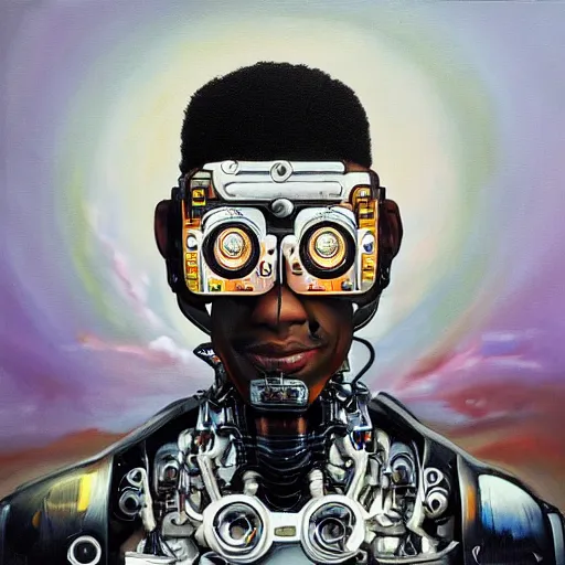 Image similar to a realistic oil painting of a black man as a cybernetic cyborg, surrealism portrait, surrealism album cover