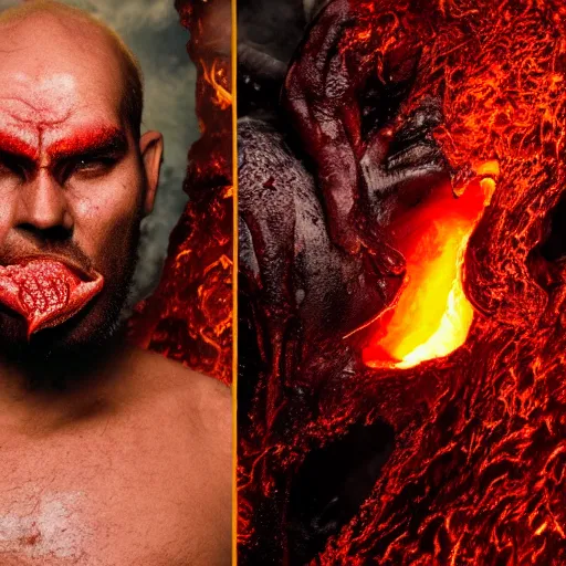 Image similar to a devilish red monster with horns licking hot lava emerging from boiling rough fiery lava seas, close - up portrait photo by david lachapelle, masterpiece, trending on flickr