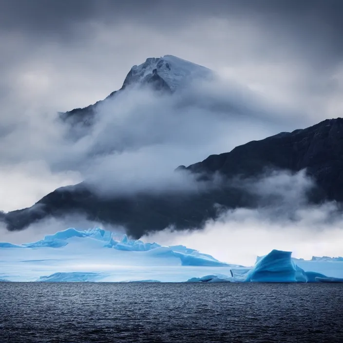 Image similar to award winning photo of floating glacier in the sky surrounded by clouds and mist, mysterious,