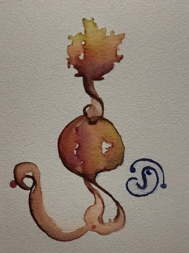 Image similar to a watercolor painting of an acorn that turns into a tree in the shape of a treble clef with some light and dark effects, playful and carefree