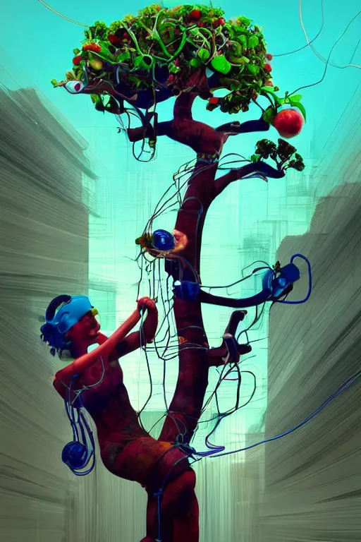Prompt: epic 3 d abstract 🇵🇷 laptop hacker, spinning hands and feet, 1 6 mm, maroon and teal peanut butter melting smoothly into asymmetrical ficus trees and kiwis, thick wires looping, wavy, kinetic, floating headsets, houdini sidefx, deviantart, by jeremy mann, ilya kuvshinov, jamie hewlett and ayami kojima