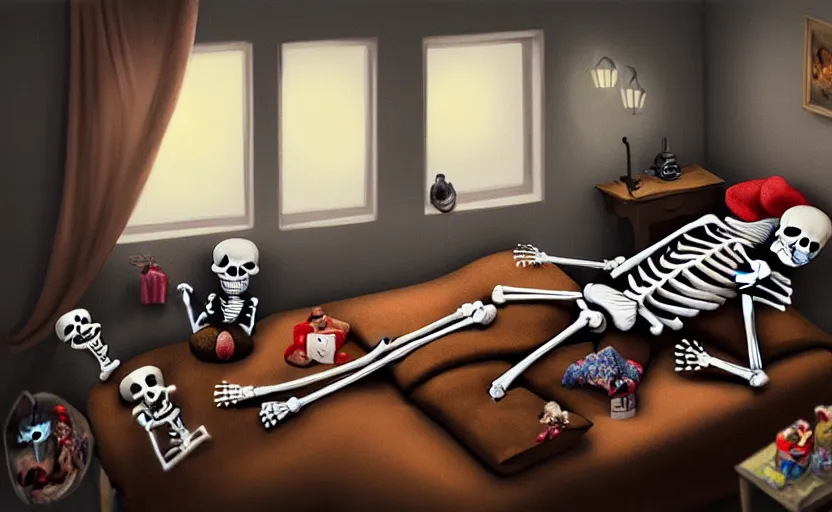 Image similar to matte oil painting of a skeleton dressed in pajamas and nightcaps and robes and slippers inside of a dim bedroom that is full of knickknacks and toys, sleepy, cozy, warm