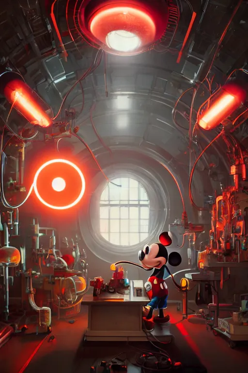 Prompt: bunch of mechanics operating bloody mickey mouse head in science facility, big glowing netflix logo behind, greg rutkowski, beeple, gilleard, alphonse mucha cgsociety, unreal engine, octane render, highly detailed 4 k art, smooth, sharp focus, cinematic lighting,