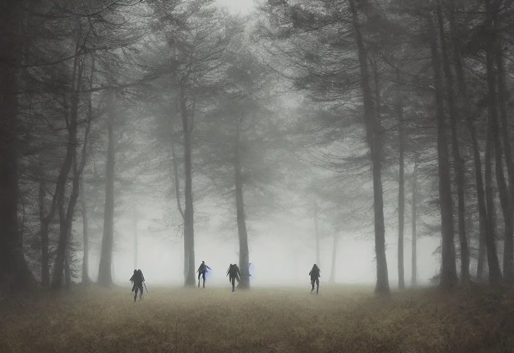 Image similar to side view of musketeers walking in a forest, foggy, rain, gloomy, mysterious, artstation, jakub rozalski, high detail