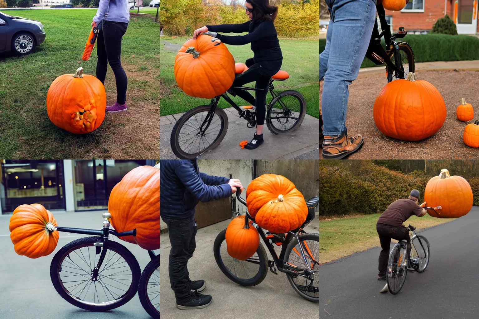 Prompt: a pumpkin being inflated with a bicycle pump