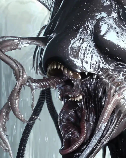 Prompt: film still of kim kardashian being kissed by an xenomorph slathered in a transparent alien liquid, wet flowing hair, gooey skin, illustration, unreal engine 5, 8 k, directed by h. r. giger.