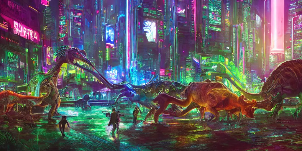 Image similar to a beautiful painting of a lush cyberpunk city with dinosaurs grazing in parks by ridley scott, vivid colours, cinematic lighting, fine details, 8 k | | digital artwork made by greg rutswork, anna dittmann and lois van barlee, symmetrical neon rim light, anatomically correct