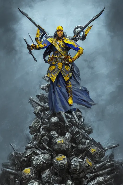 Prompt: a distant shot from below of a Ukrainian super soldier with blue and yellow flag behind him and a trident coat of arms on the chest standing alone on a huge pile of skulls posing as a winner, masculine muscular figure, D&D, fantasy, intricate, elegant, highly detailed, extremely detailed, digital painting, artstation, concept art, matte, smooth, hyper realistic, sharp focus, illustration, art by Artgerm and Greg Rutkowski and Alphonse Mucha