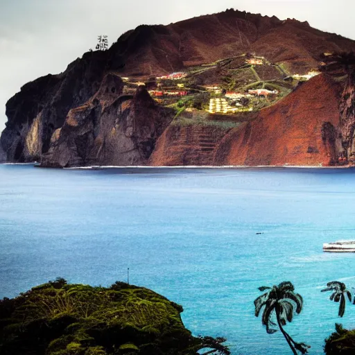 Image similar to madeira island invaded by furious king kong by the bay, cinematic shot, realistic, hdr, color, wide shot