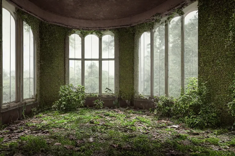 Image similar to ruined, abandoned polish mansion, seen from inside and overgrown by plants. First light of day falls through the broken windows. Dirt, leaves on ground. Octane render. Substance painter. Zbrush. Trending on artstation. 8K. Highly detailed.