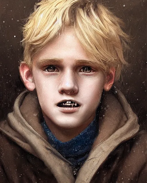 Image similar to portrait of 1 5 - year - old boy with blonde hair, round - face, and slightly buck - toothed, hyper realistic face, beautiful eyes, fantasy art, in the style of greg rutkowski, intricate, hyper detailed, smooth