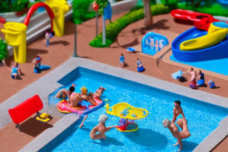 Image similar to fisher price public pool, california scene from tv show hyper detailed 5 5 mm 8 5 mm, toy photography, made out of plastic