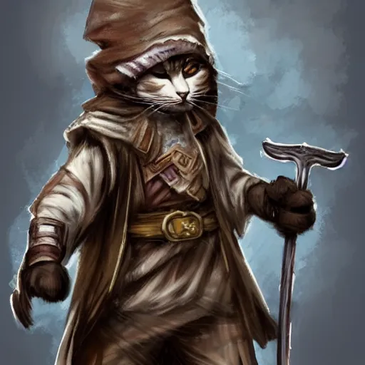 Image similar to humanoid homeless cat wielding a sword and wearing rags, d & d, fantasy, concept art, trending on artstation