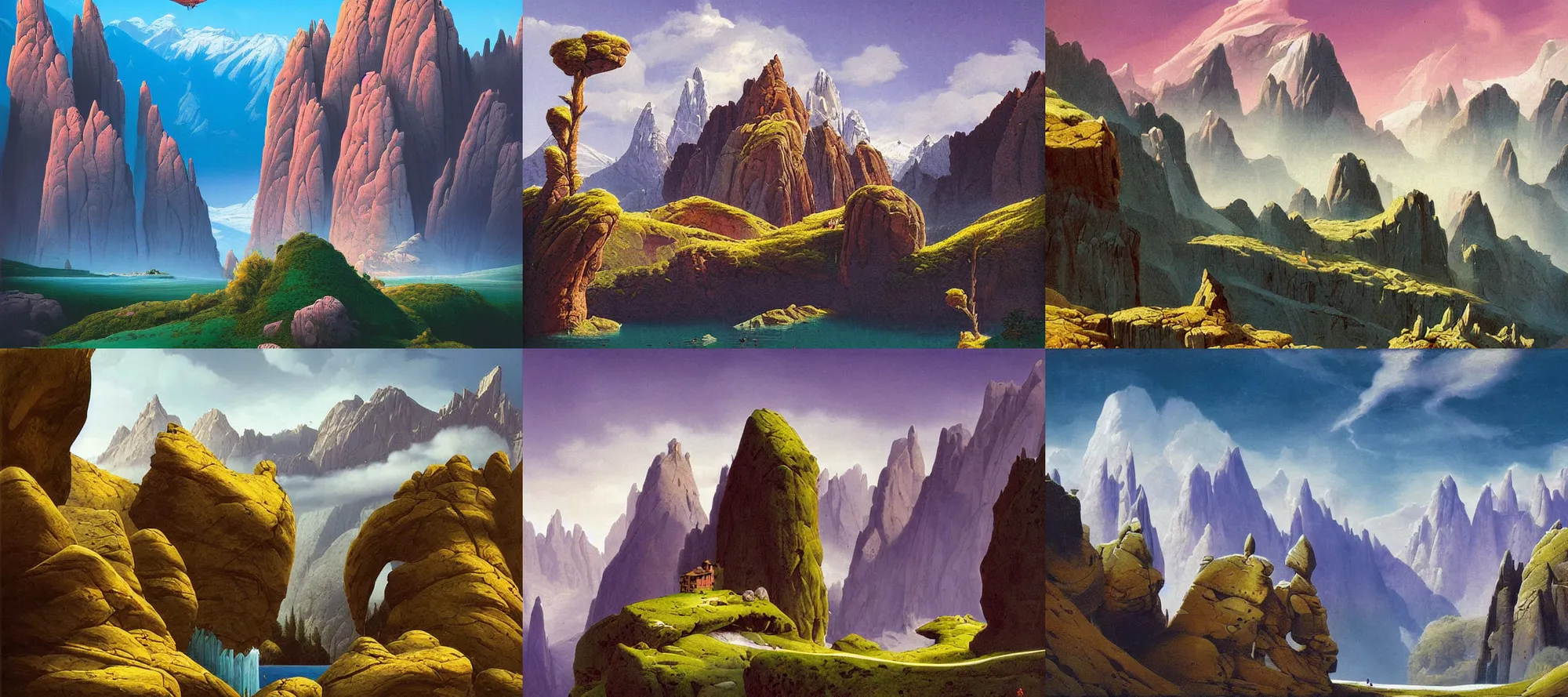 Prompt: rocky mountains landscape in the style of dr. seuss, starships, painting by raphael lacoste