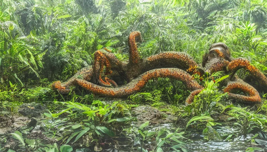 Image similar to a rainy foggy jungle, river with low hanging plants, there is a giant coral colored octopus in the water, great photography, ambient light