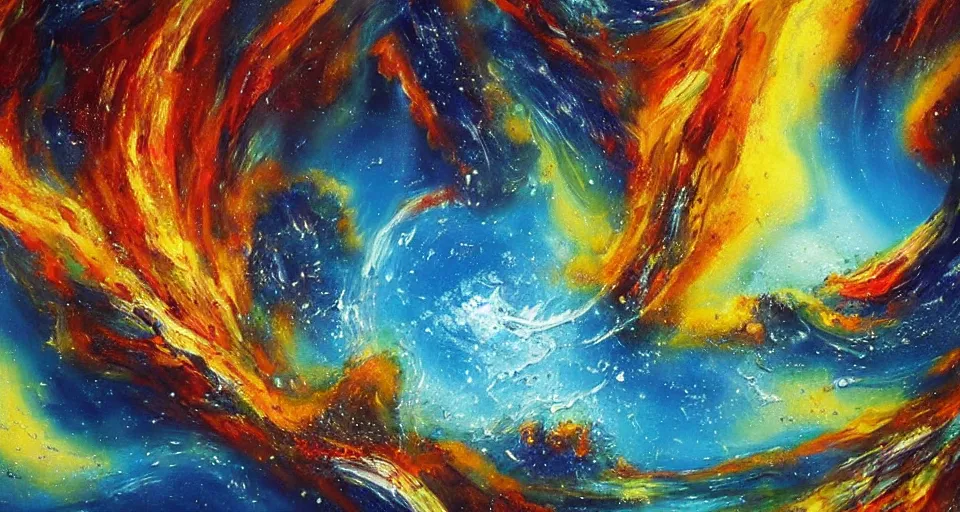 Prompt: award winning painting, planet of water crashing into a planet of fire, bright explosion