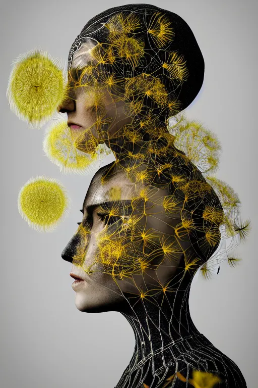 Image similar to intricate hyper detailed ultra sharp 3 d render of a witch profile portrait, 1 5 0 mm art nouveau, haute couture alexander mcqueen leaves stems, unsplash model transparent fractal dandelion yellow pistil filigree roots, intricate details, human face, facial features, elegant, hyper realistic, ultra detailed, octane render, volumetric cinematic lighting, 8 k post - production