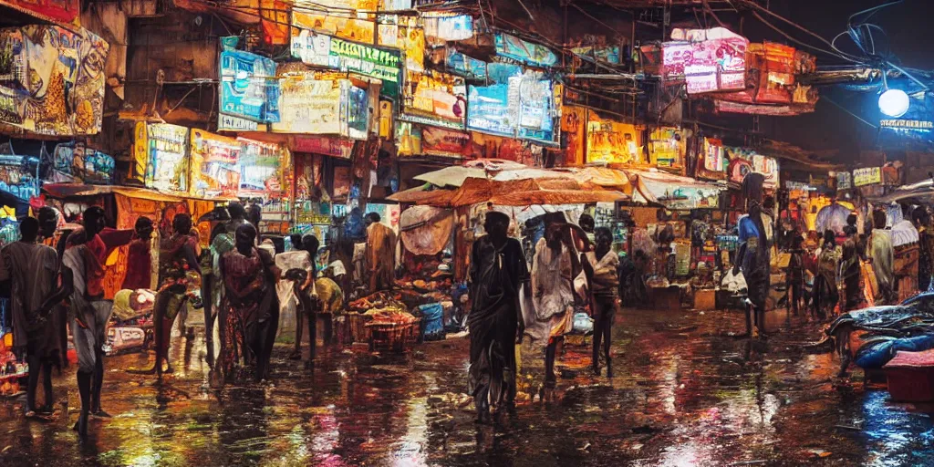 Prompt: a cinematic hyperrealistic African cyberpunk market during a rainy night