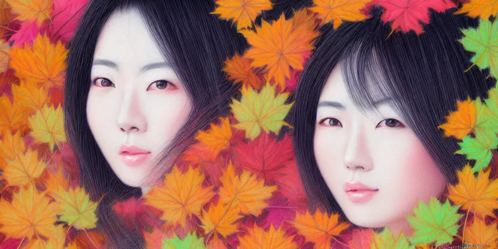 Prompt: detailed pastel colors portrait of a japanese woman made of autumn leaves, by artgerm, fine detail, 8 k