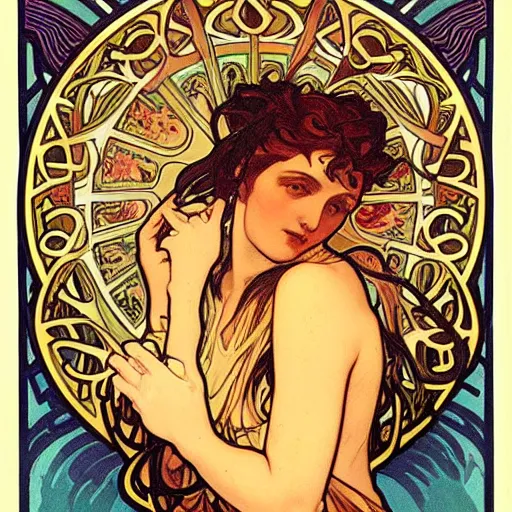 Image similar to persephone in hell, painted by alphonse mucha