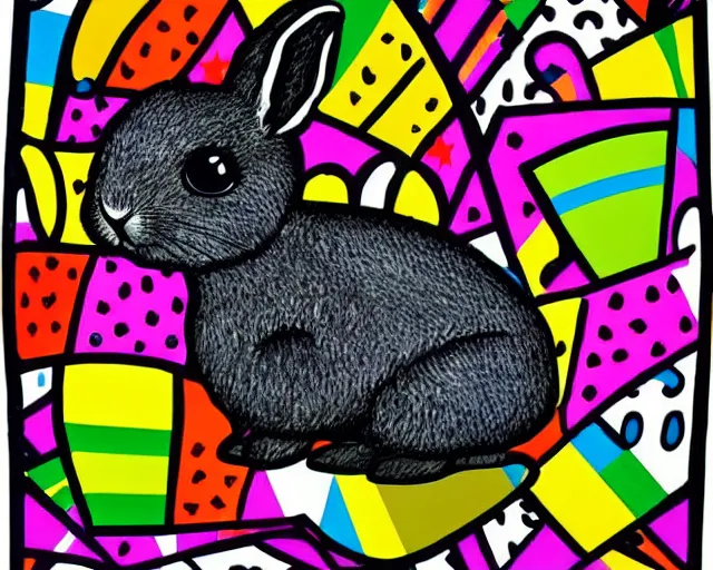 Image similar to a very cute netherland dwarf black bunny, art by romero britto